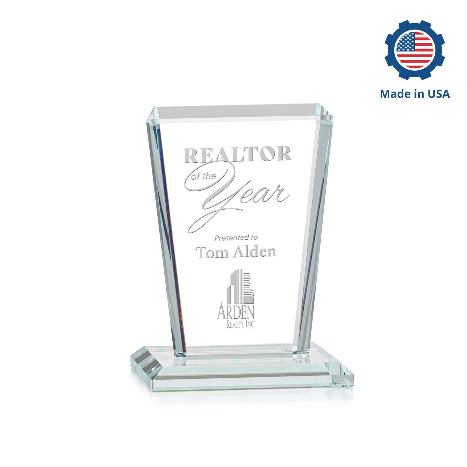 Custom engraved Starfire Crystal Award on Rosewood Base, Full-Color Print Option for corporate award ceremonies