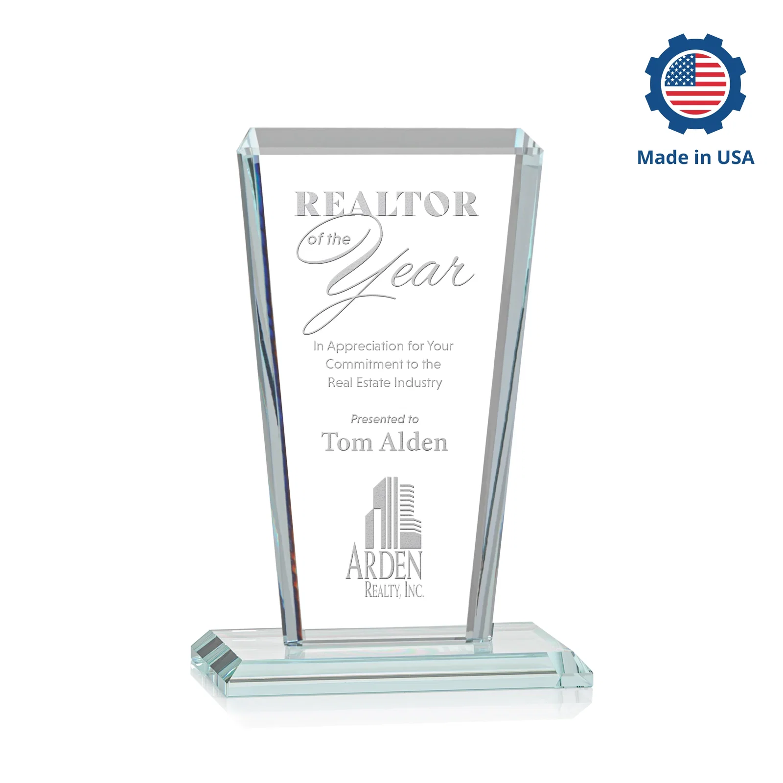 Custom engraved Starfire Crystal Award on Rosewood Base, Full-Color Print Option for service anniversary gifts