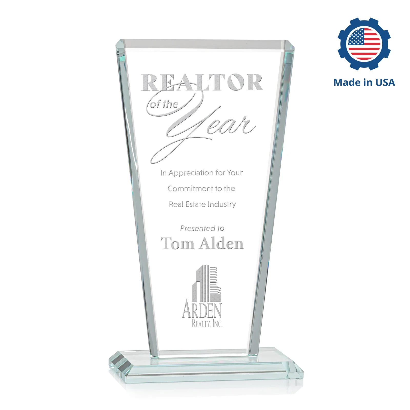 Custom engraved Starfire Crystal Award on Rosewood Base, Full-Color Print Option for sales achievement awards