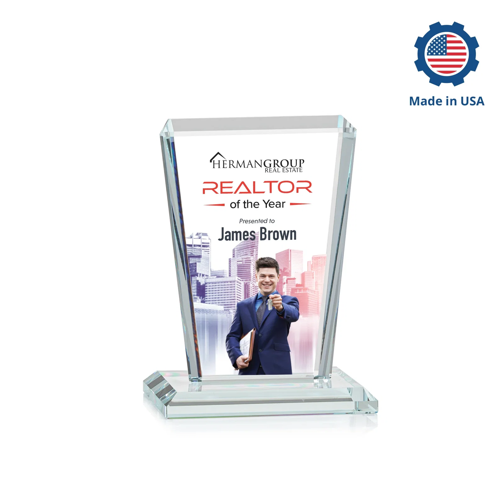 Custom engraved Starfire Crystal Award on Rosewood Base, Full-Color Print Option for team milestone celebrations