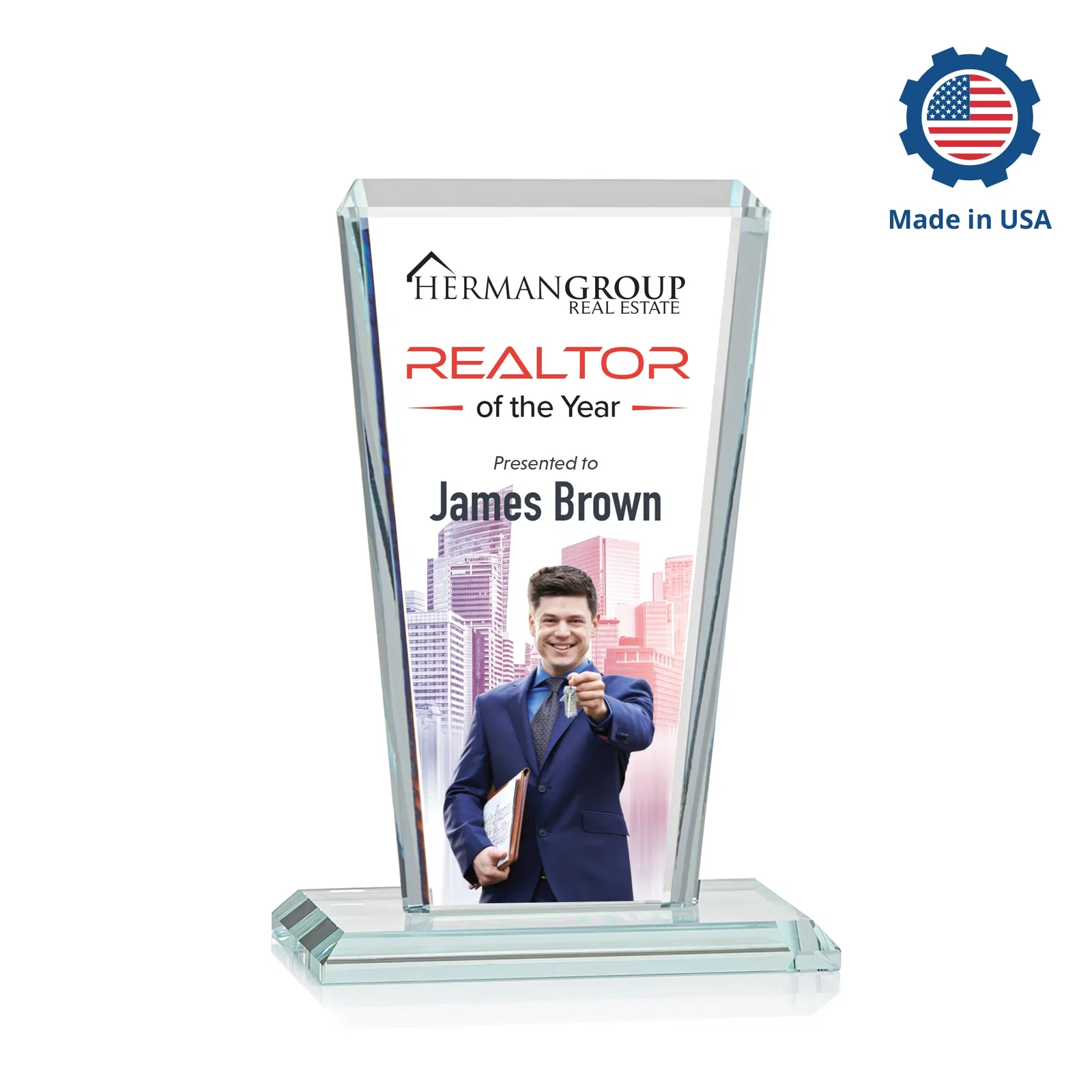 Custom engraved Starfire Crystal Award on Rosewood Base, Full-Color Print Option for donor appreciation
