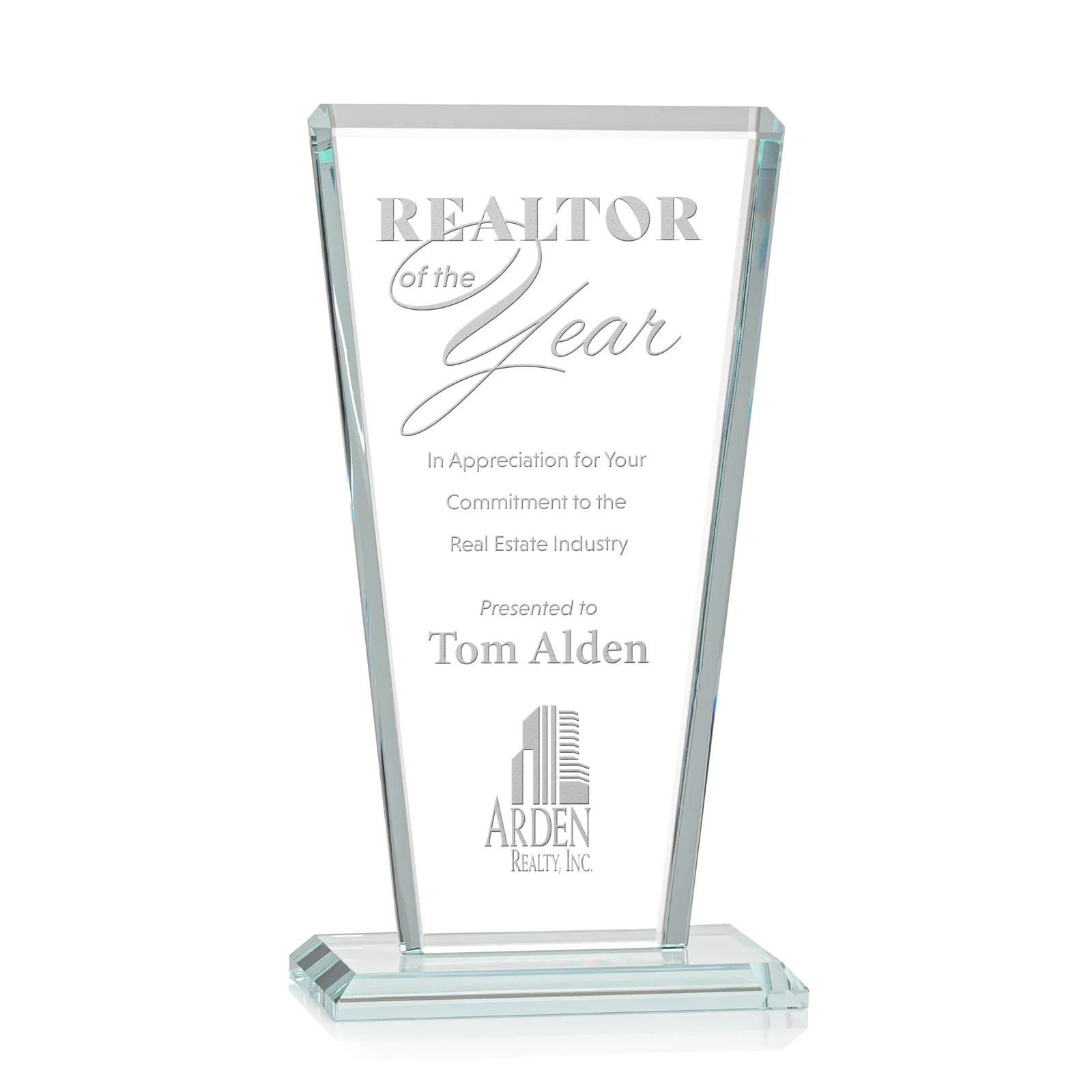 Custom Starfire Crystal Award on Rosewood Base, Full-Color Print Option for graduation ceremonies