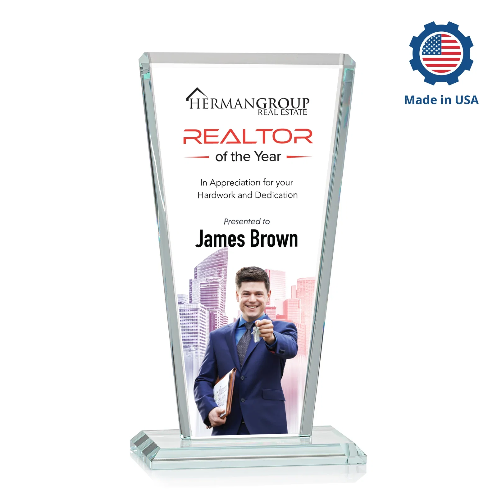 Custom engraved Starfire Crystal Award on Rosewood Base, Full-Color Print Option for graduation ceremonies