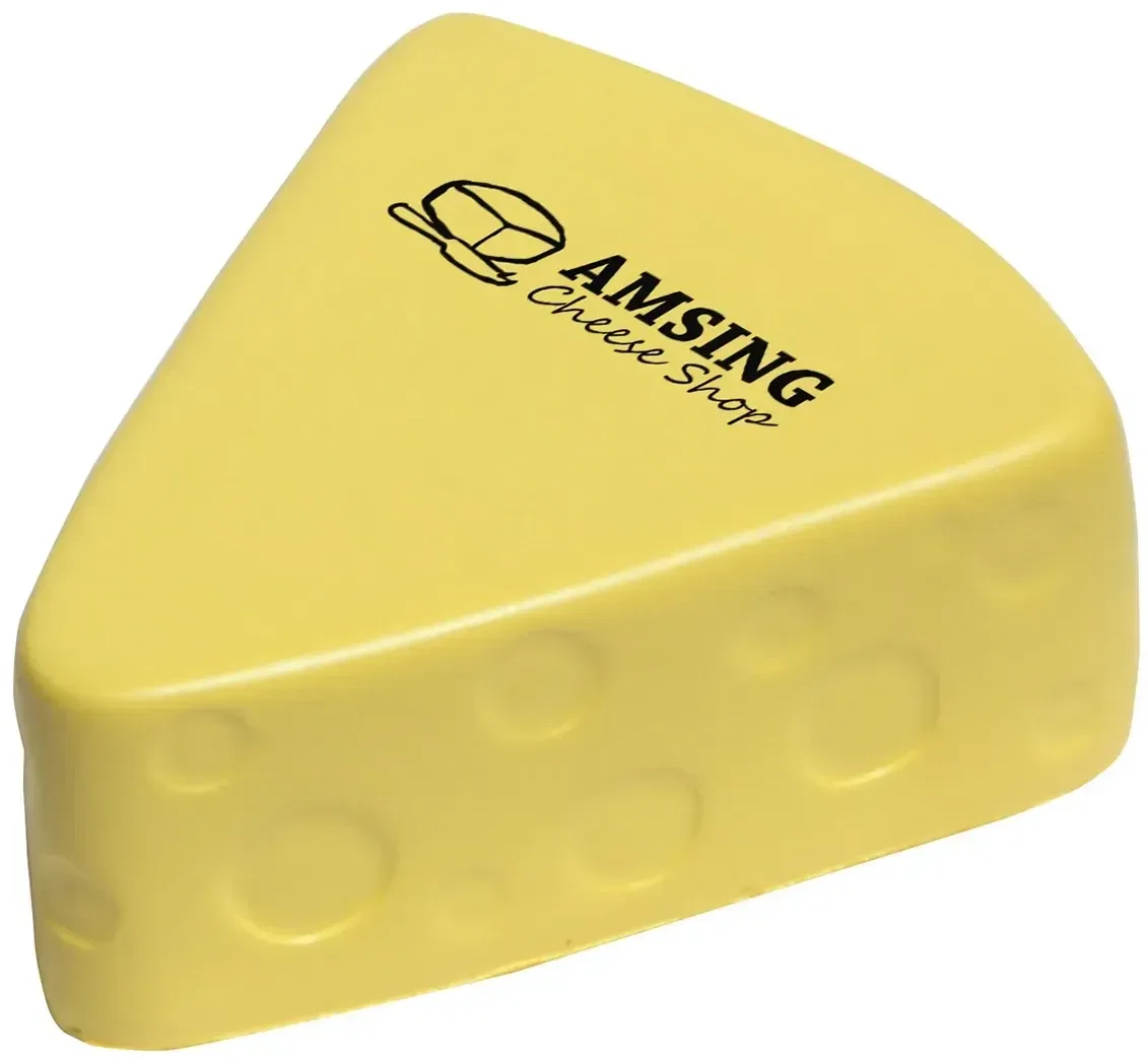 Cheese Stress Reliever, a custom wedge-shaped squeeze toy for logo-branded dairy and deli promotions