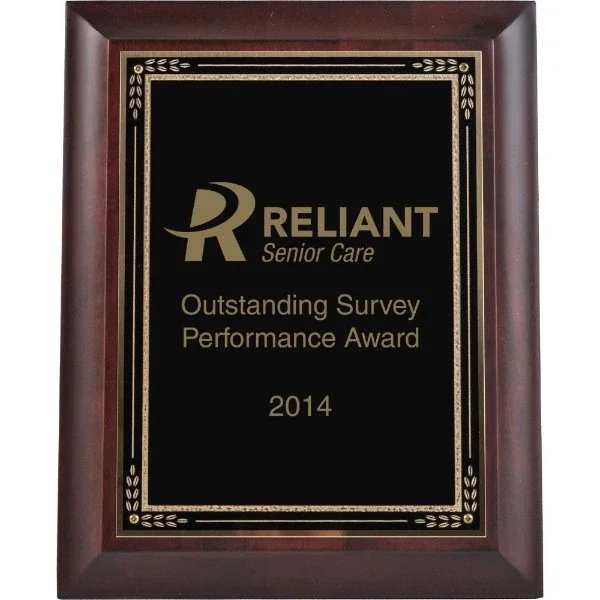 Cherry finish beveled wood award plaque with black plate and gold-black border, laser engraved