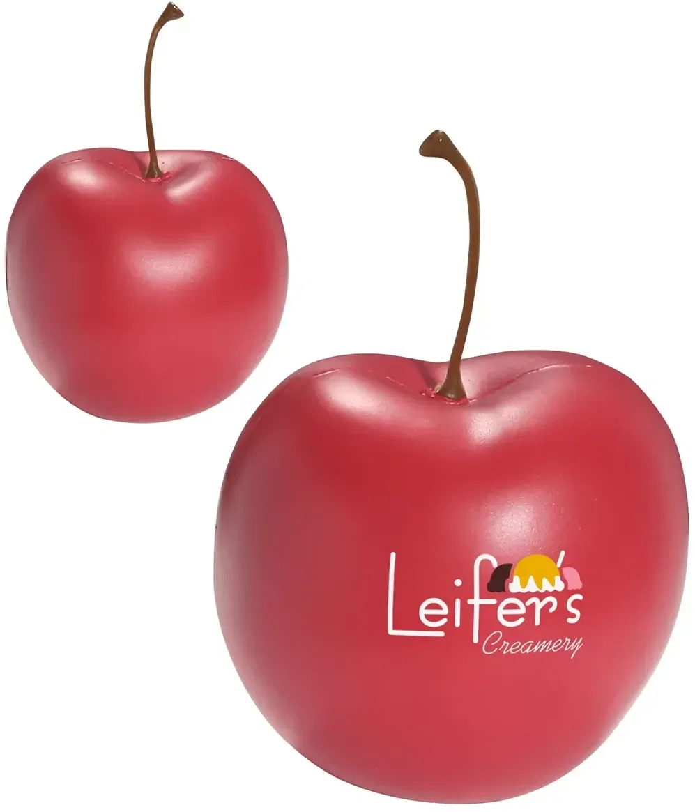Cherry custom stress reliever shaped like paired cherries, branded health and summer-theme promotional logo giveaway