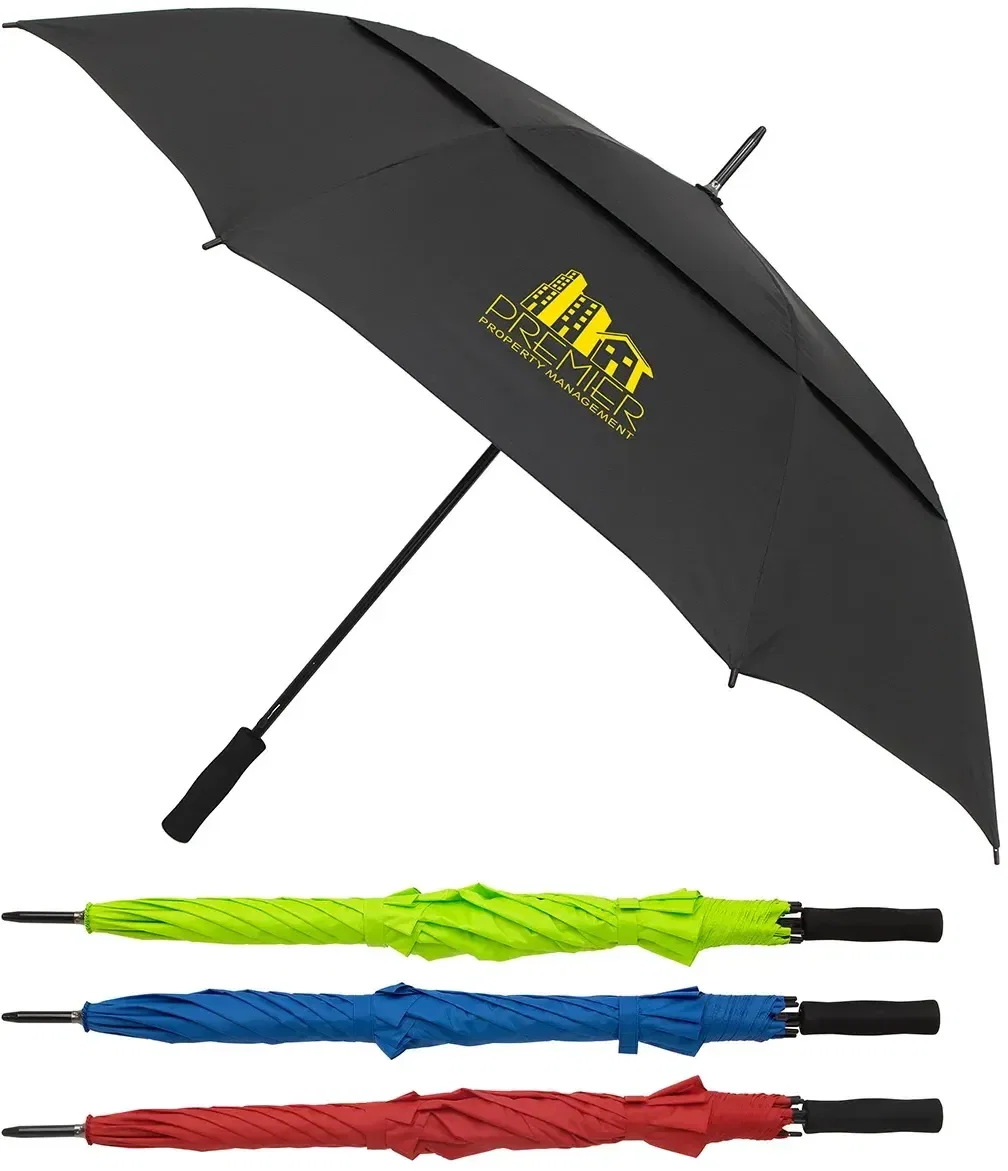 Cheshire vented golf umbrella open, promotional custom canopy with logo-ready panels, front view