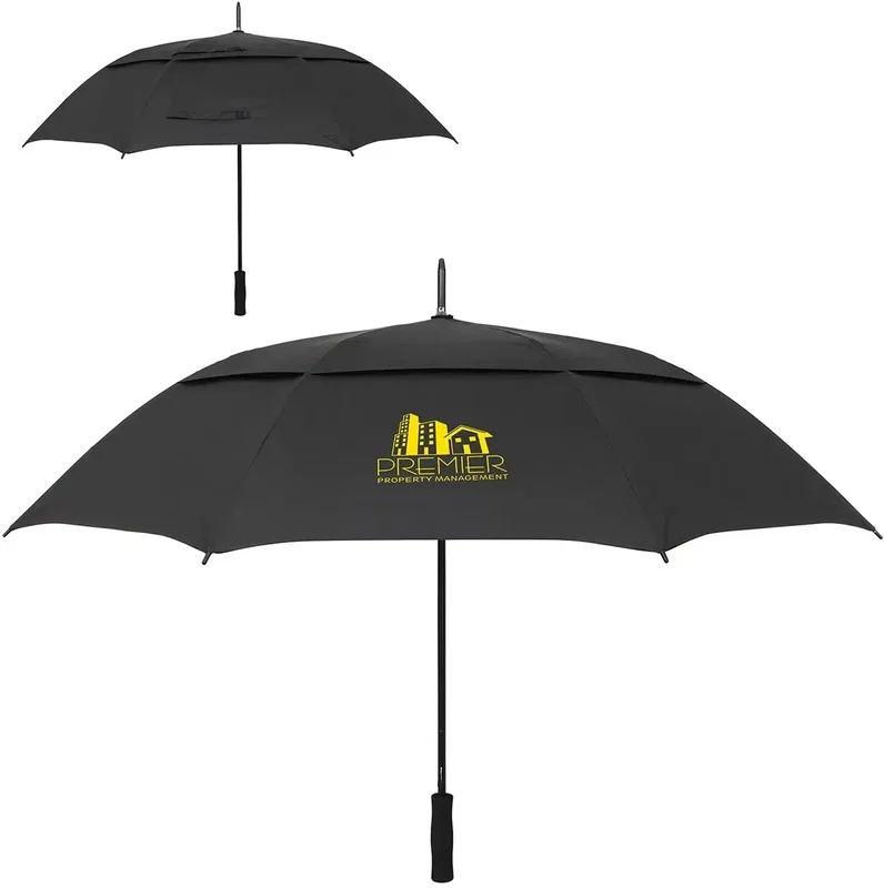Angled view of open Cheshire promotional golf umbrella for outdoor events