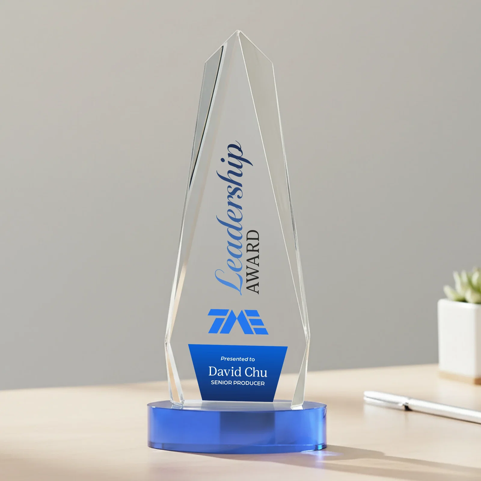 Custom Optical Crystal Tower Award on Oval Base, with your logo for service anniversary gifts