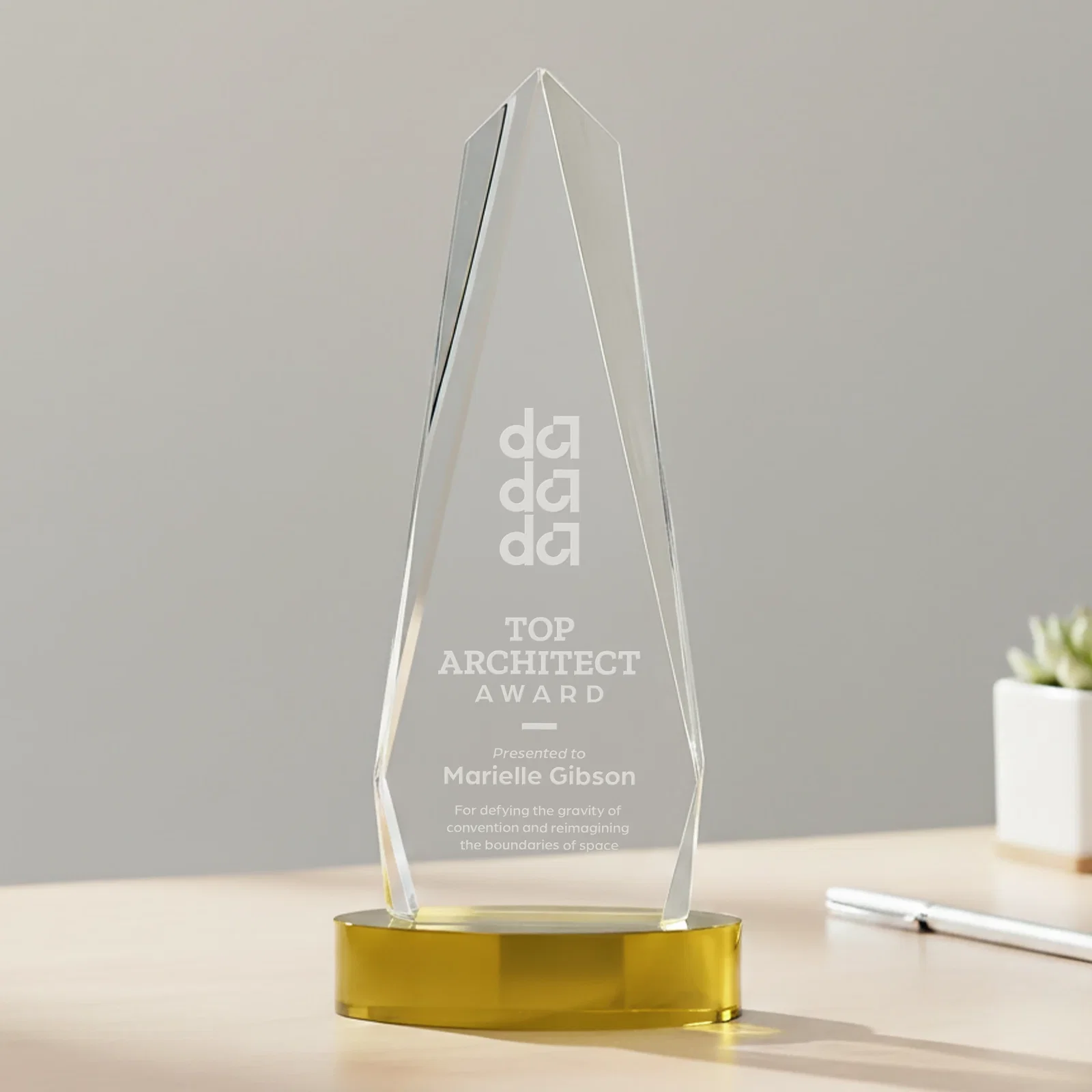 Personalized Optical Crystal Tower Award on Oval Base for sales achievement awards