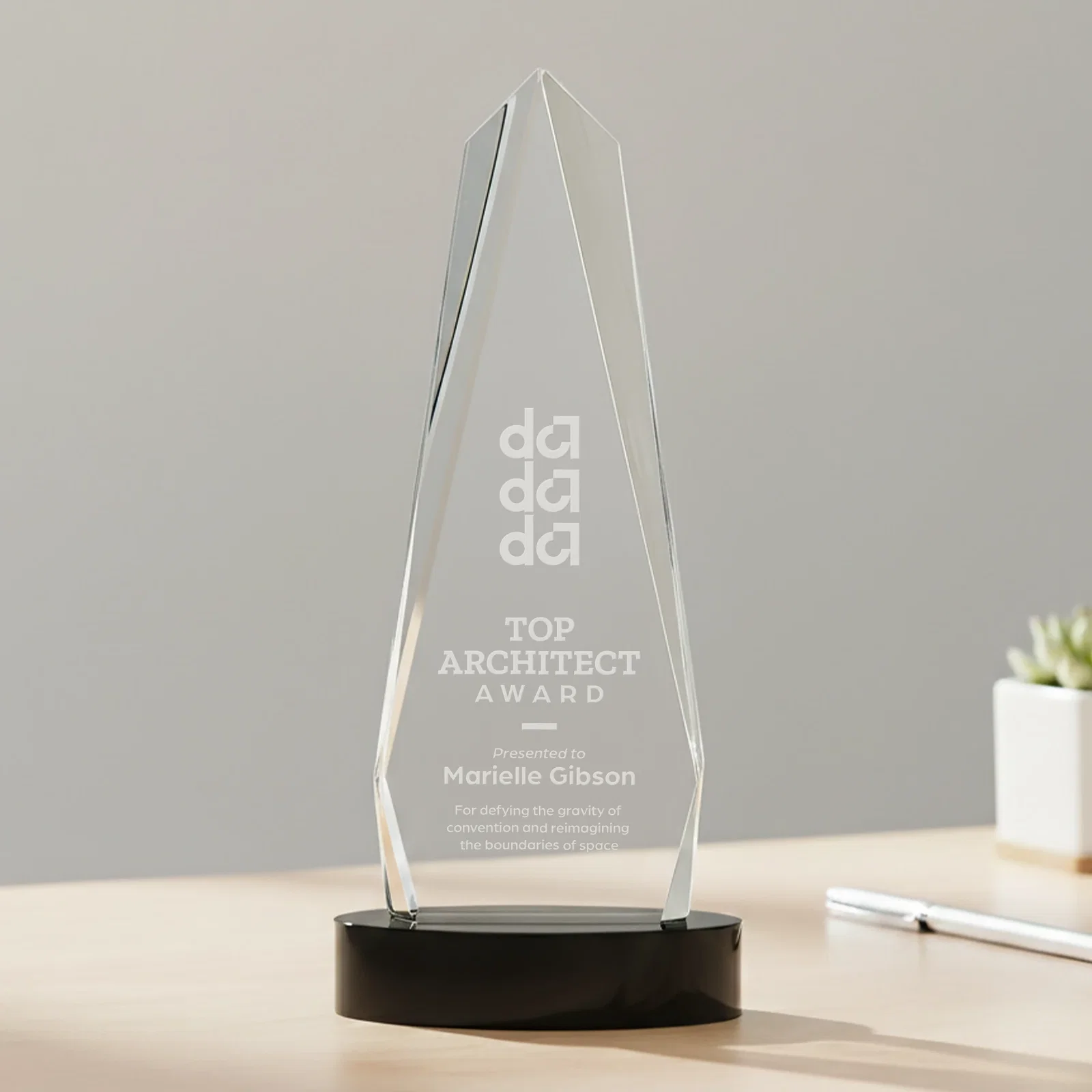 Promotional Optical Crystal Tower Award on Oval Base for corporate award ceremonies