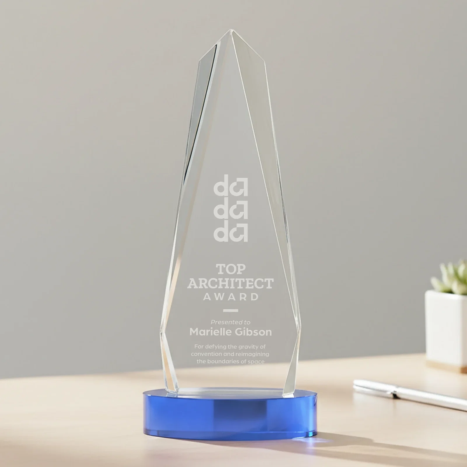 Branded Optical Crystal Tower Award on Oval Base for retirement presentations