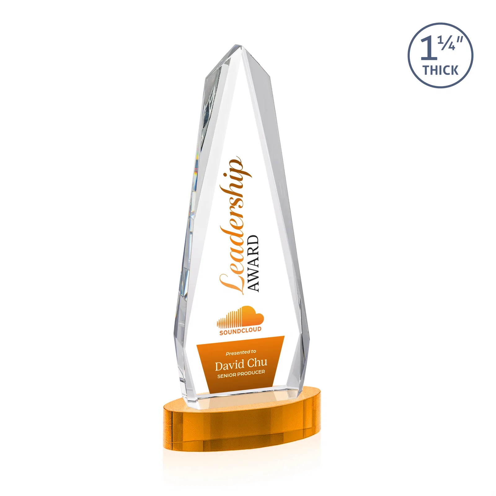 Custom printed Optical Crystal Tower Award on Oval Base for employee recognition