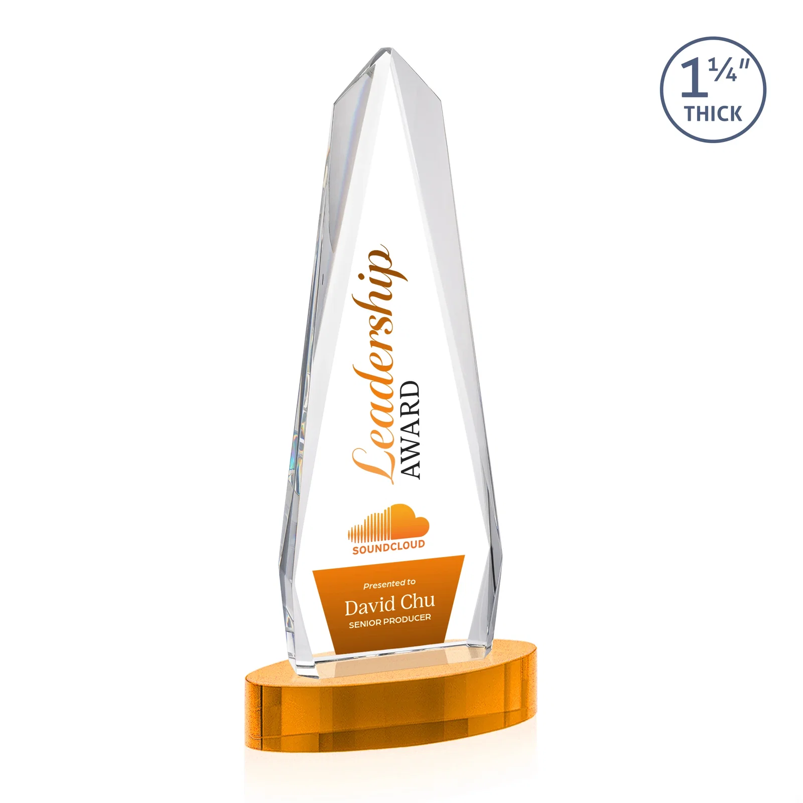 Custom printed Optical Crystal Tower Award on Oval Base for corporate award ceremonies
