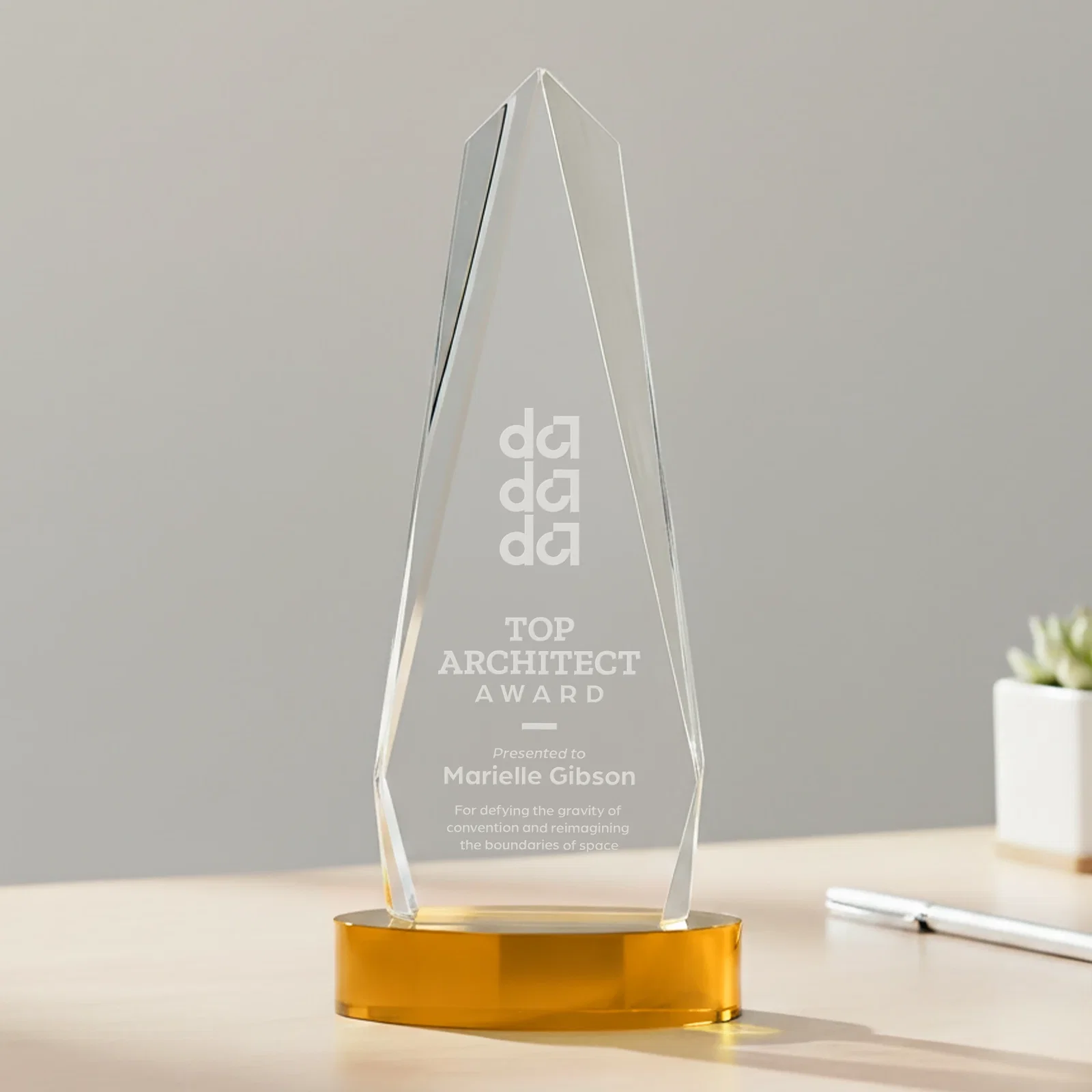 Custom Optical Crystal Tower Award on Oval Base for team milestone celebrations