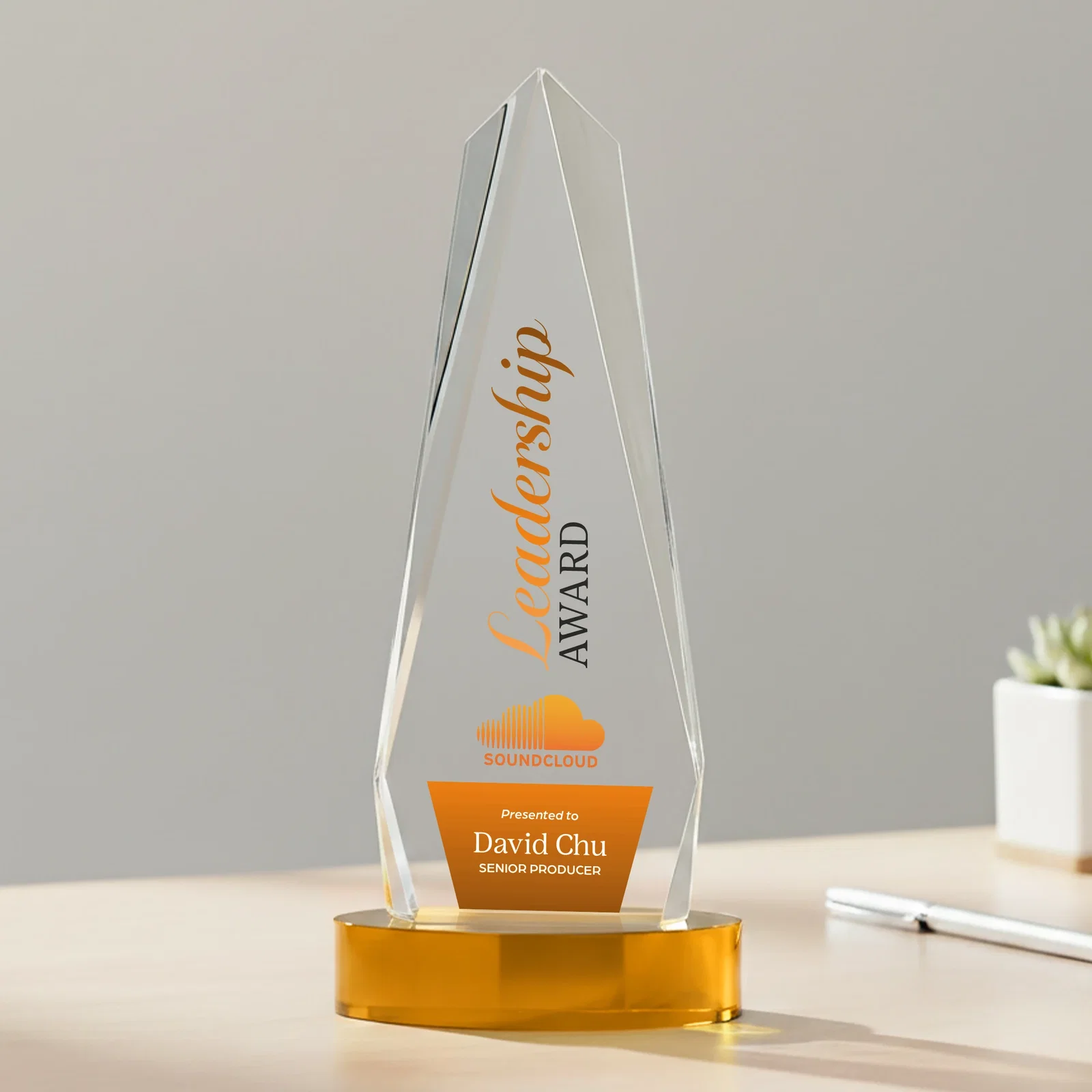 Custom printed Optical Crystal Tower Award on Oval Base for service anniversary gifts