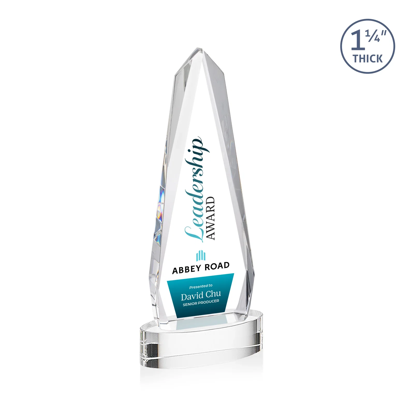 Custom printed Optical Crystal Tower Award on Oval Base for retirement presentations
