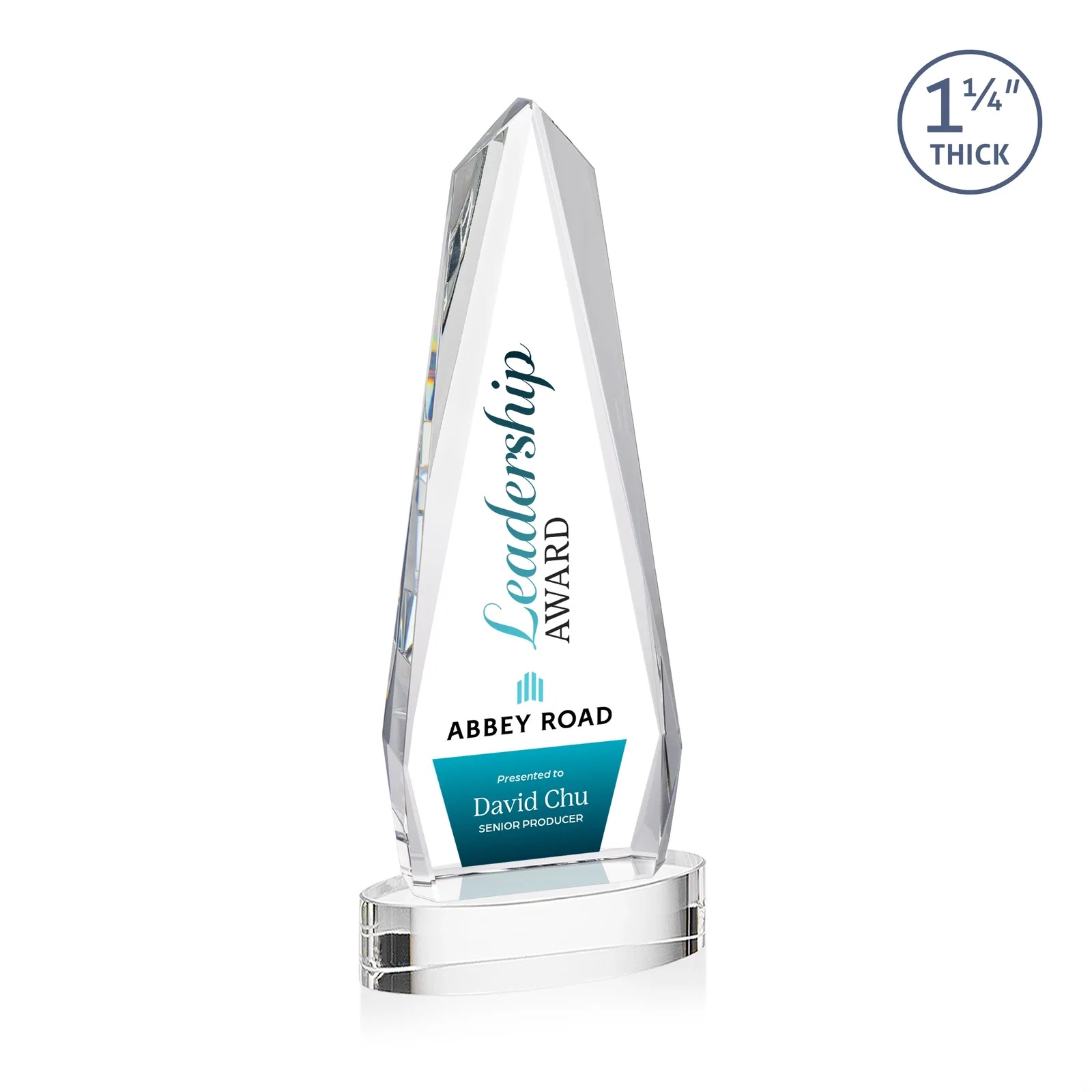 Custom printed Optical Crystal Tower Award on Oval Base for team milestone celebrations