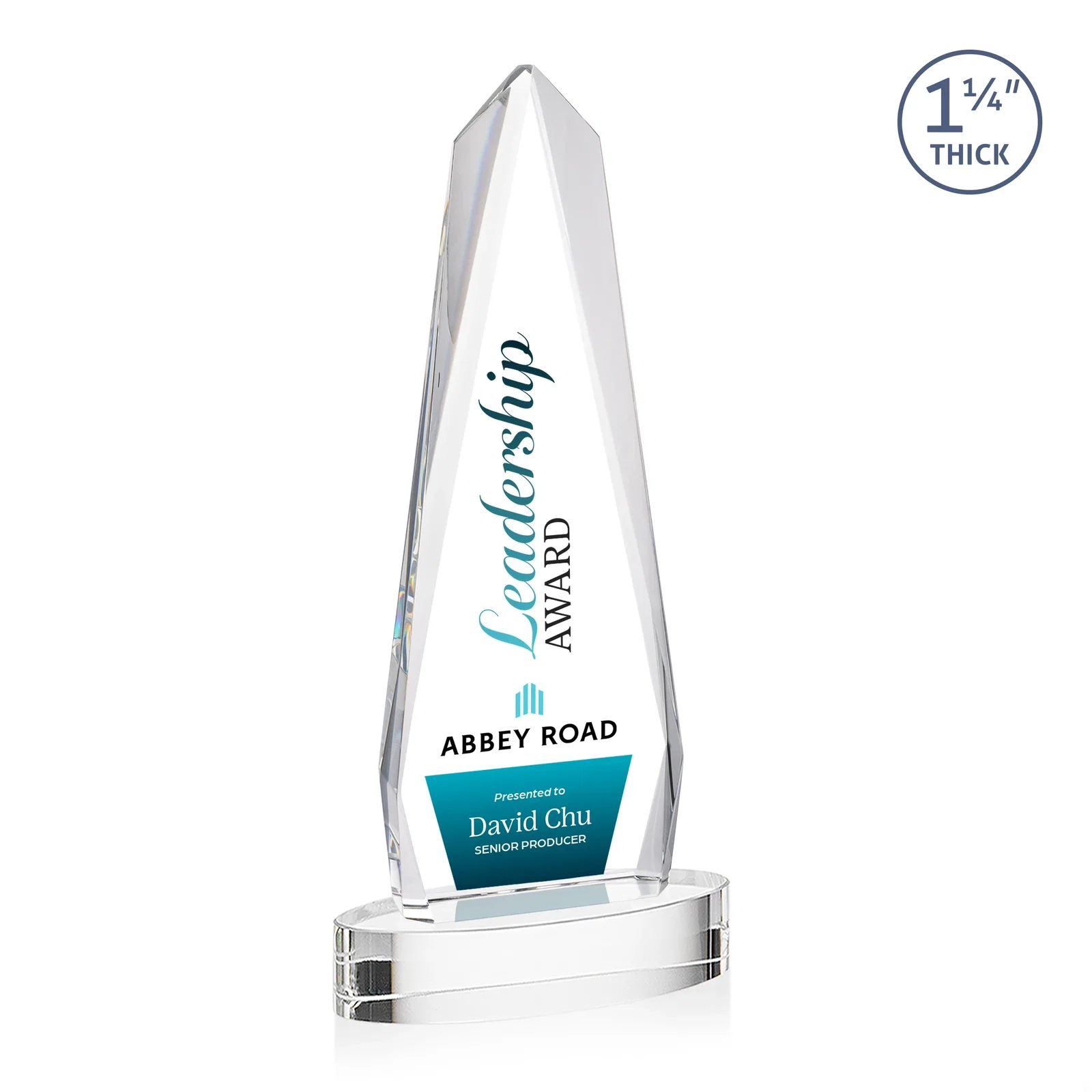 Custom printed Optical Crystal Tower Award on Oval Base for donor appreciation