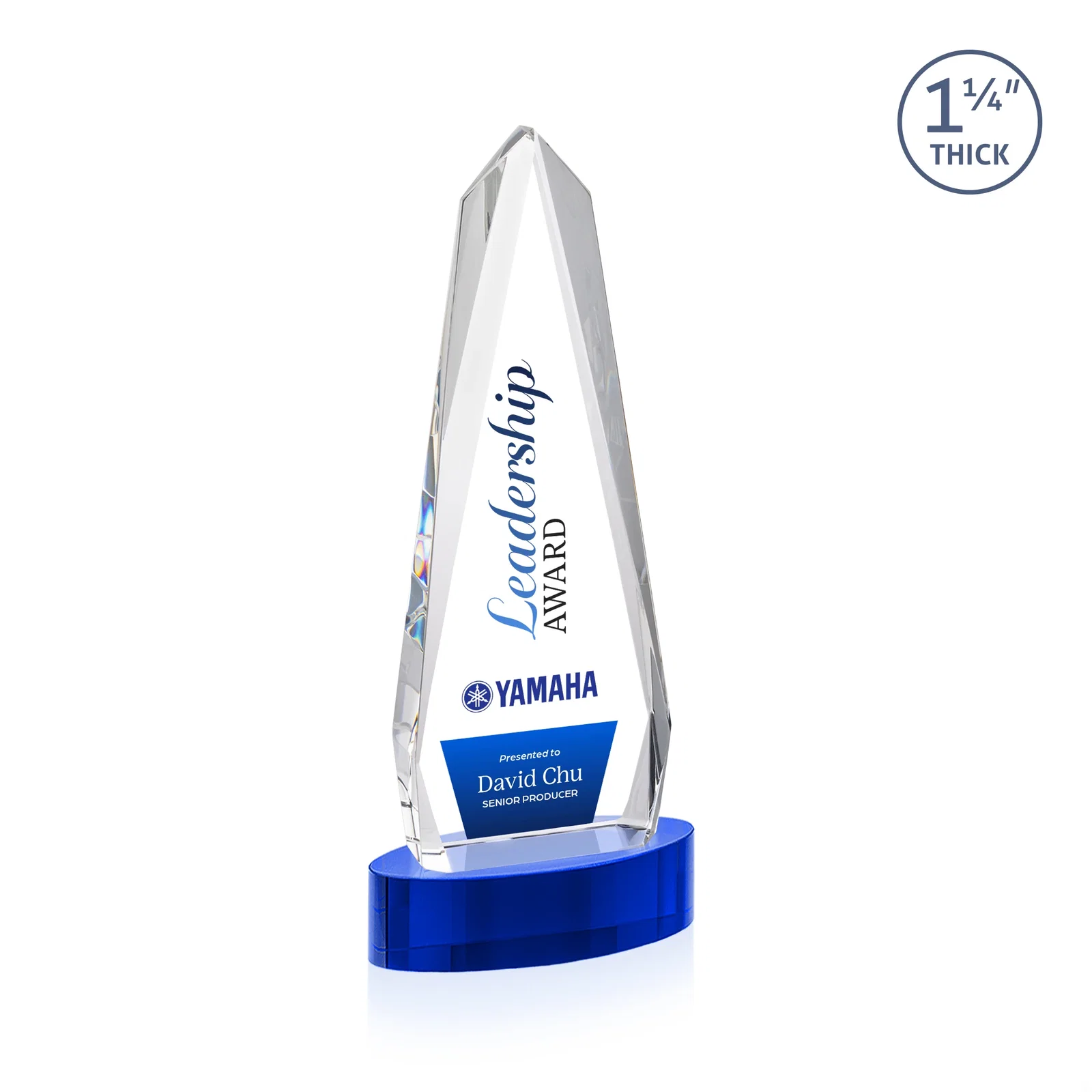 Custom engraved Optical Crystal Tower Award on Oval Base for employee recognition