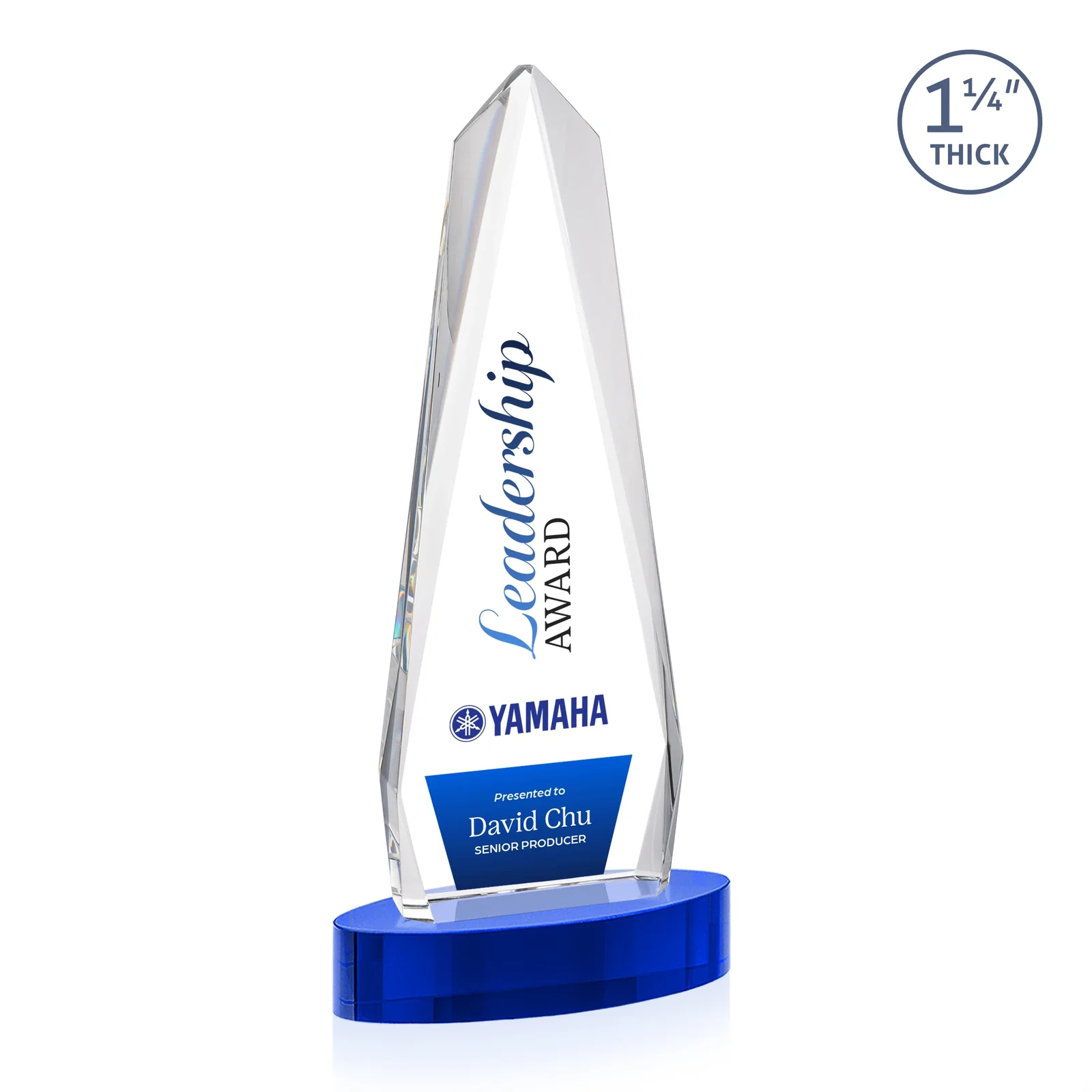 Custom engraved Optical Crystal Tower Award on Oval Base for service anniversary gifts