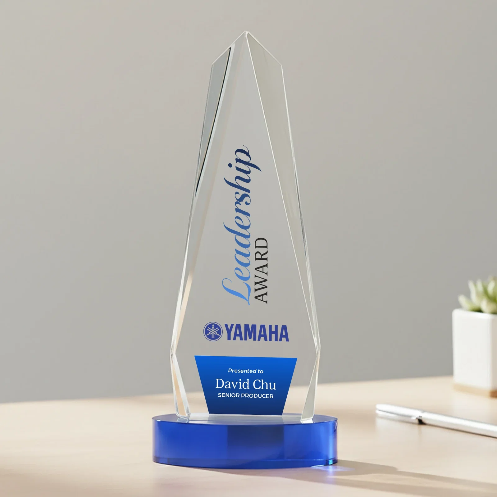Custom engraved Optical Crystal Tower Award on Oval Base for sales achievement awards