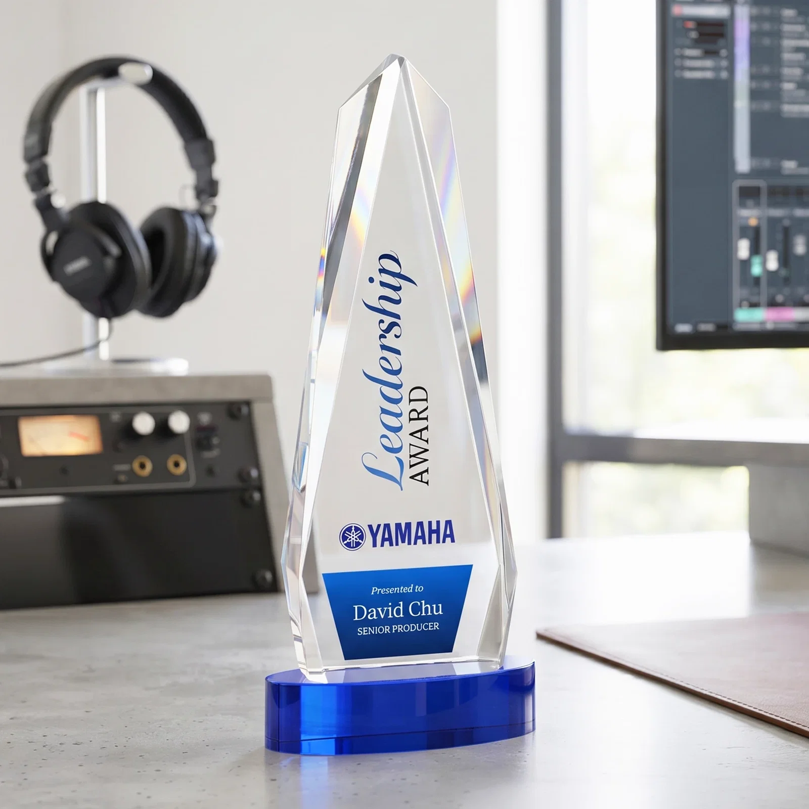 Custom engraved Optical Crystal Tower Award on Oval Base for retirement presentations
