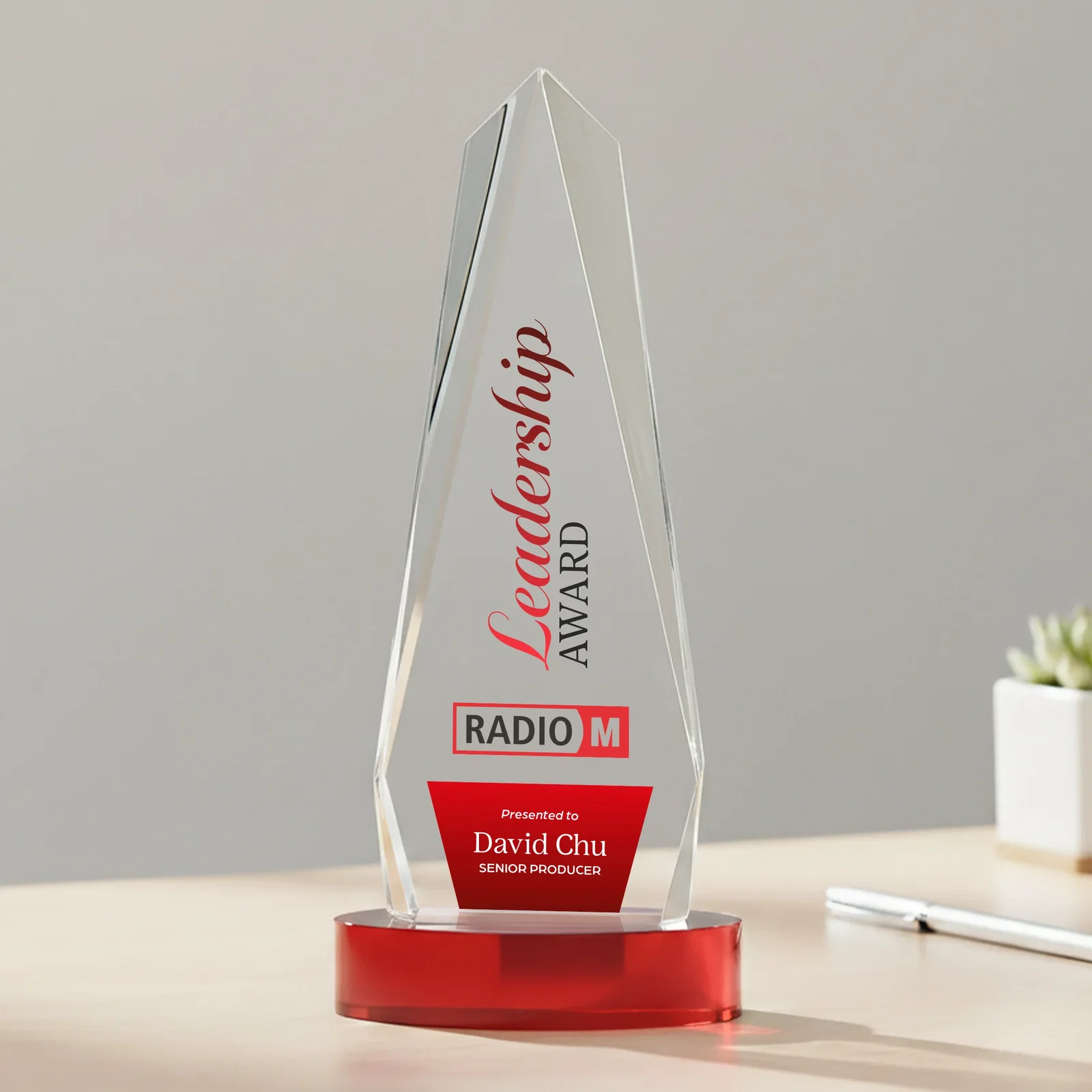 Custom engraved Optical Crystal Tower Award on Oval Base for volunteer appreciation
