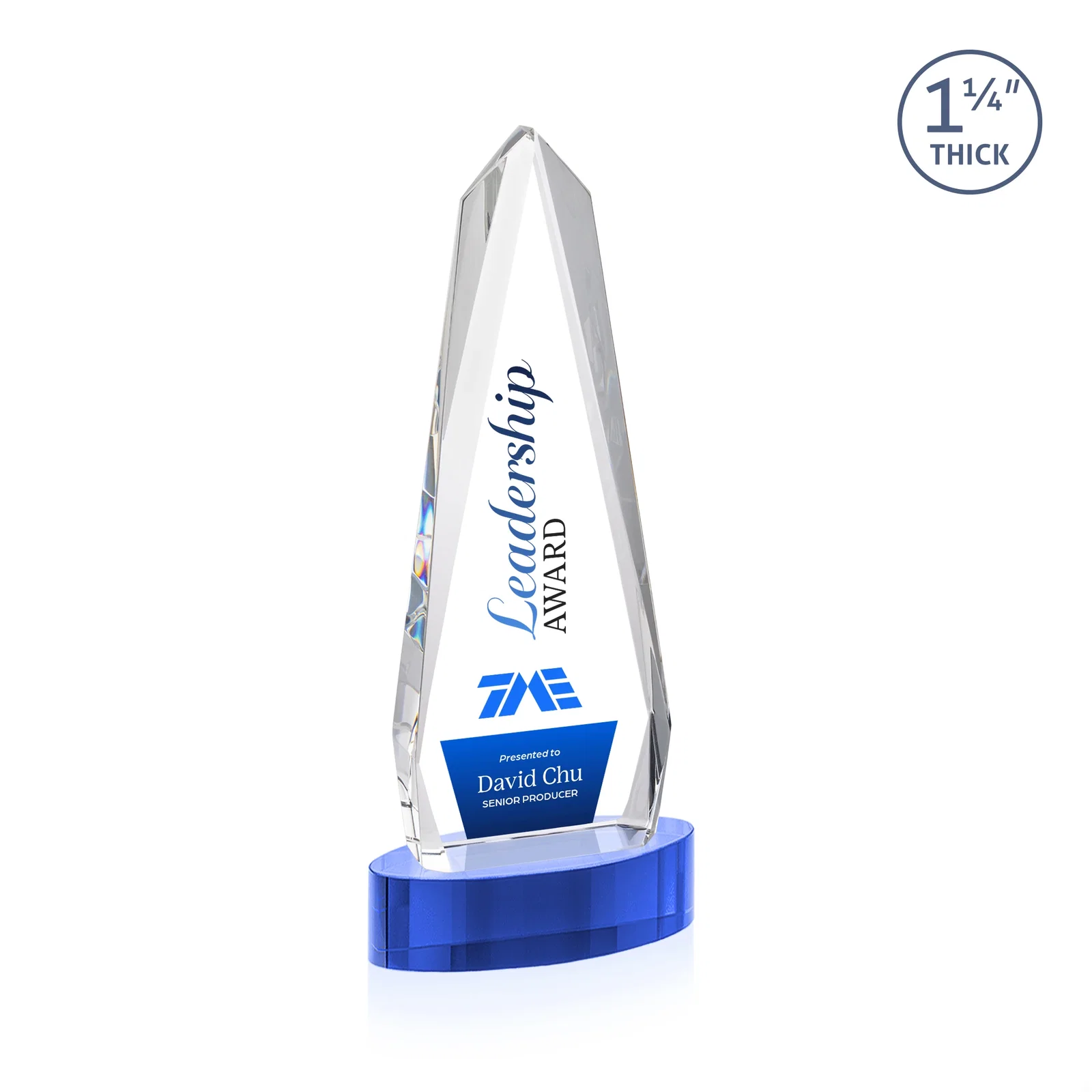 Custom engraved Optical Crystal Tower Award on Oval Base for company anniversary events
