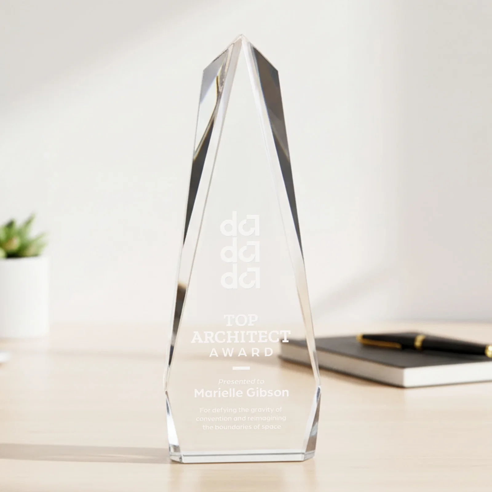 Custom Faceted Optical Crystal Tapered Obelisk Award, awards for team milestone celebrations