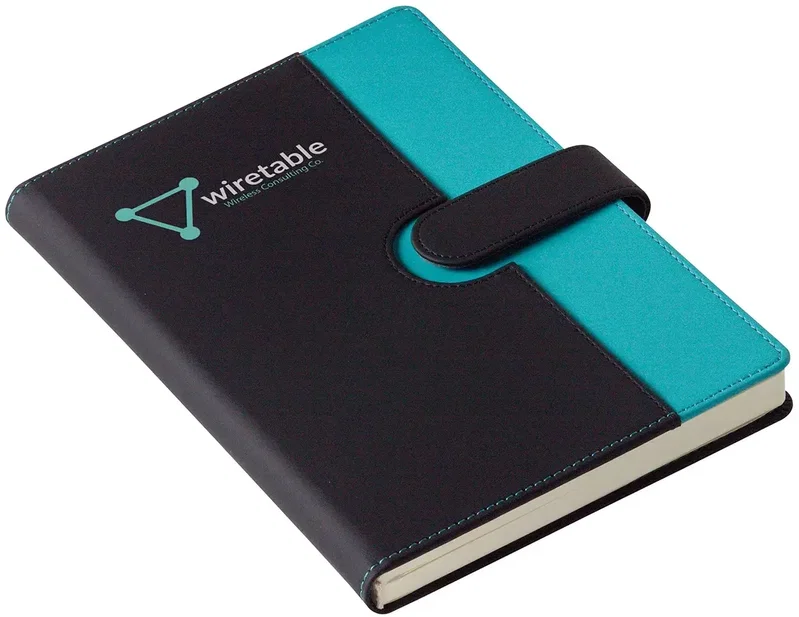 Open custom magnetic journal showing lined pages