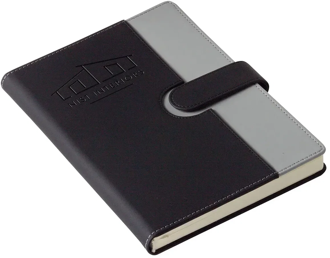 Custom branded journal with the magnetic flap open, angled view
