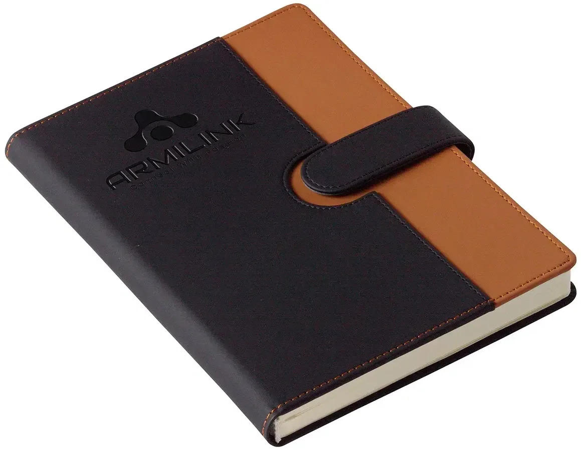 Close-up of magnetic closure on promotional faux leatherette journal