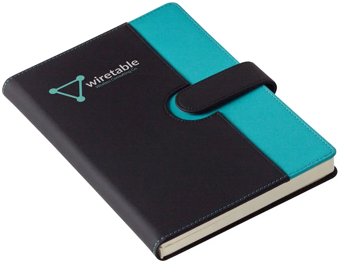 Open custom magnetic journal showing lined pages