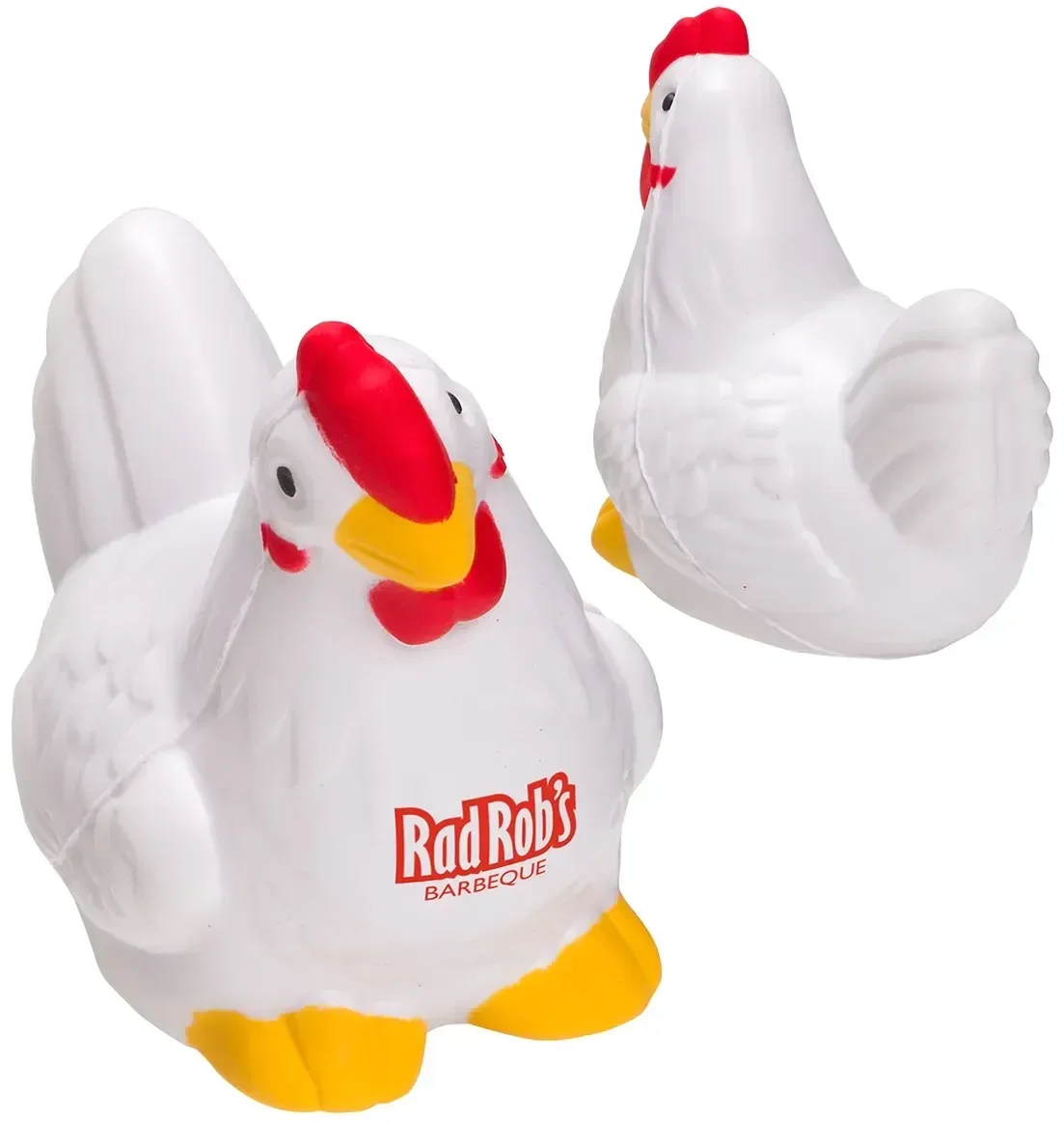 Chicken Stress Reliever shown from the side, a branded chicken-shaped squeeze toy for farm giveaways