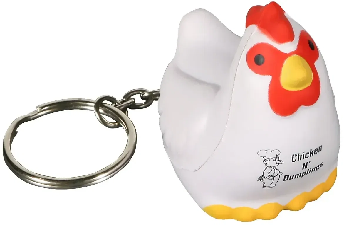 Custom Chicken Stress Reliever Keychain, branded plump chicken squeeze toy clipped to keys with logo print