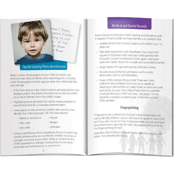 Child ID & Safety Record Booklet back view showing logo imprint area