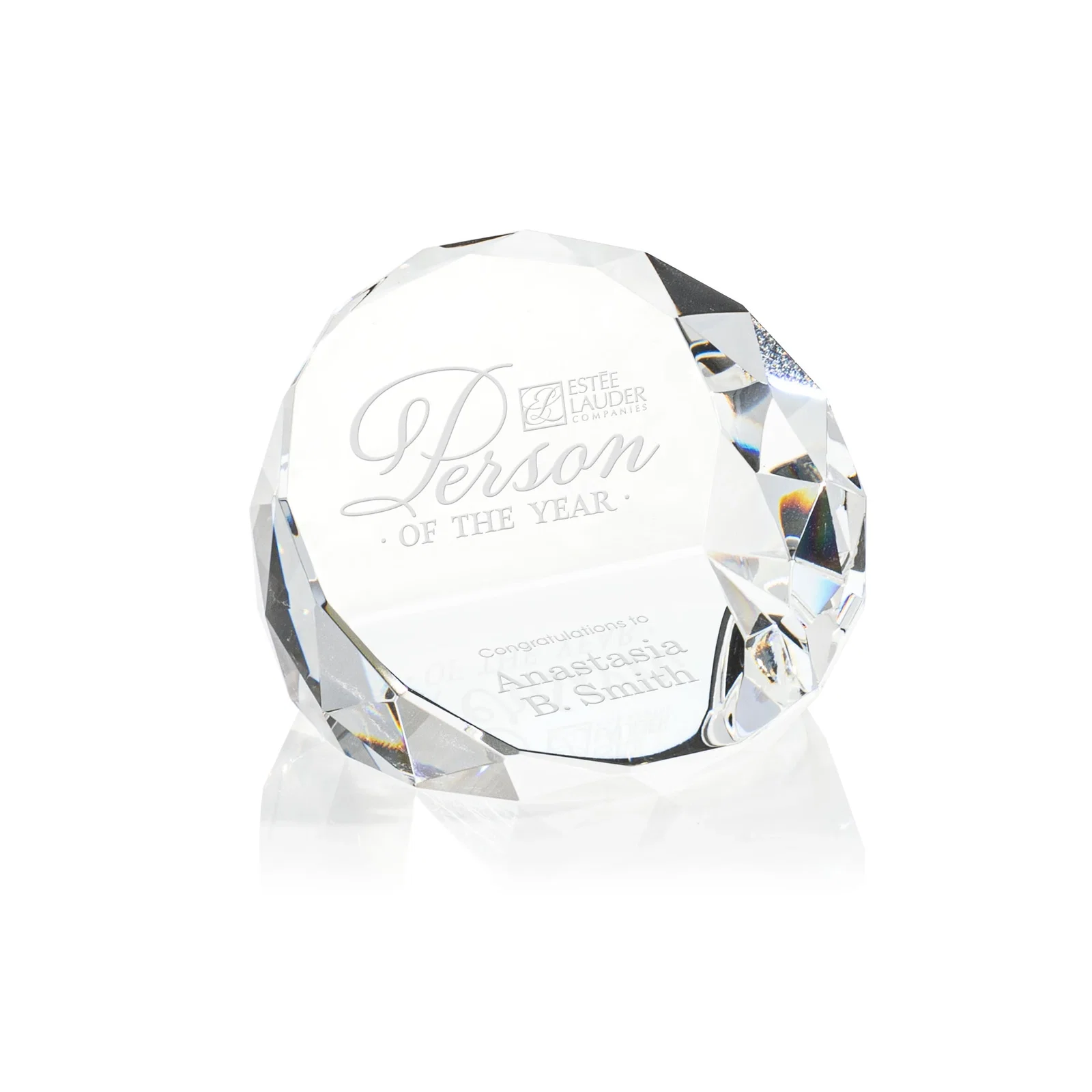 Custom Faceted Round Crystal Paperweight, 3" x 2", client appreciation gift for donor appreciation