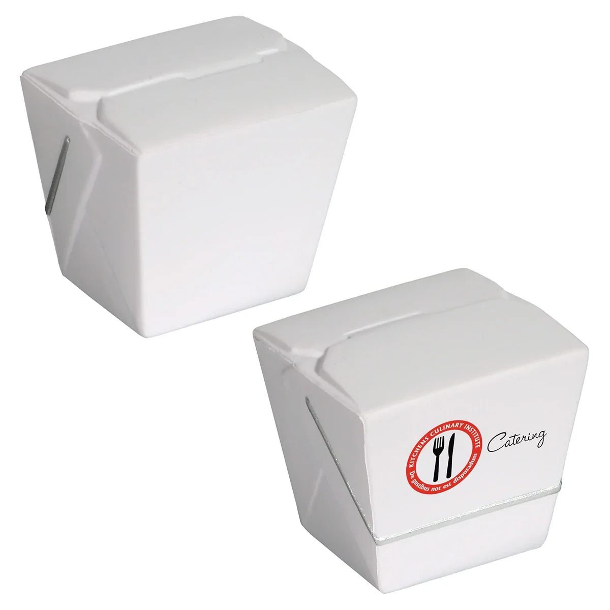 Chinese takeout box shaped stress reliever with a handle, about 2.5 inches tall