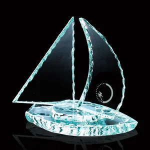 Starfire or Jade Glass Sailboat Award With a Hand-Chipped Curved Hull