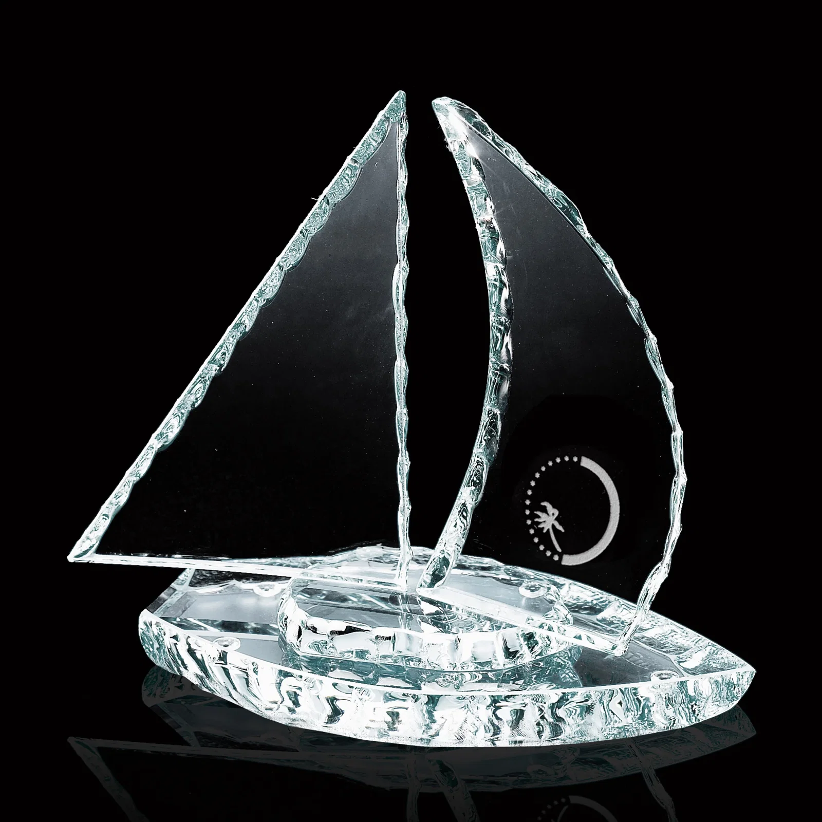Custom Starfire or Jade Glass Sailboat Award With a Hand-Chipped Curved Hull for corporate award ceremonies