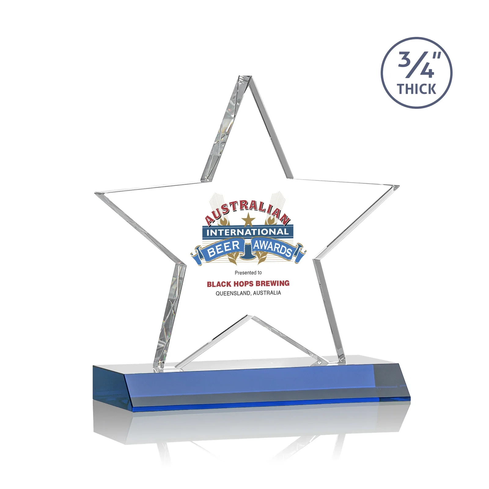 Custom printed Optical Crystal Star Award on Clear-Front Mitered Base for corporate award ceremonies