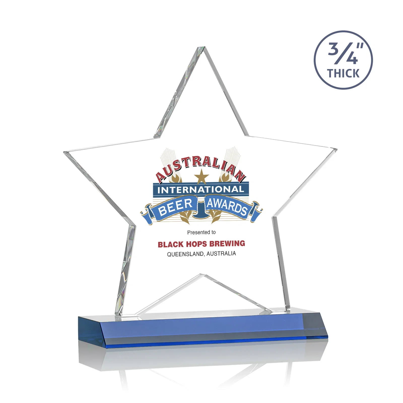 Custom printed Optical Crystal Star Award on Clear-Front Mitered Base for service anniversary gifts