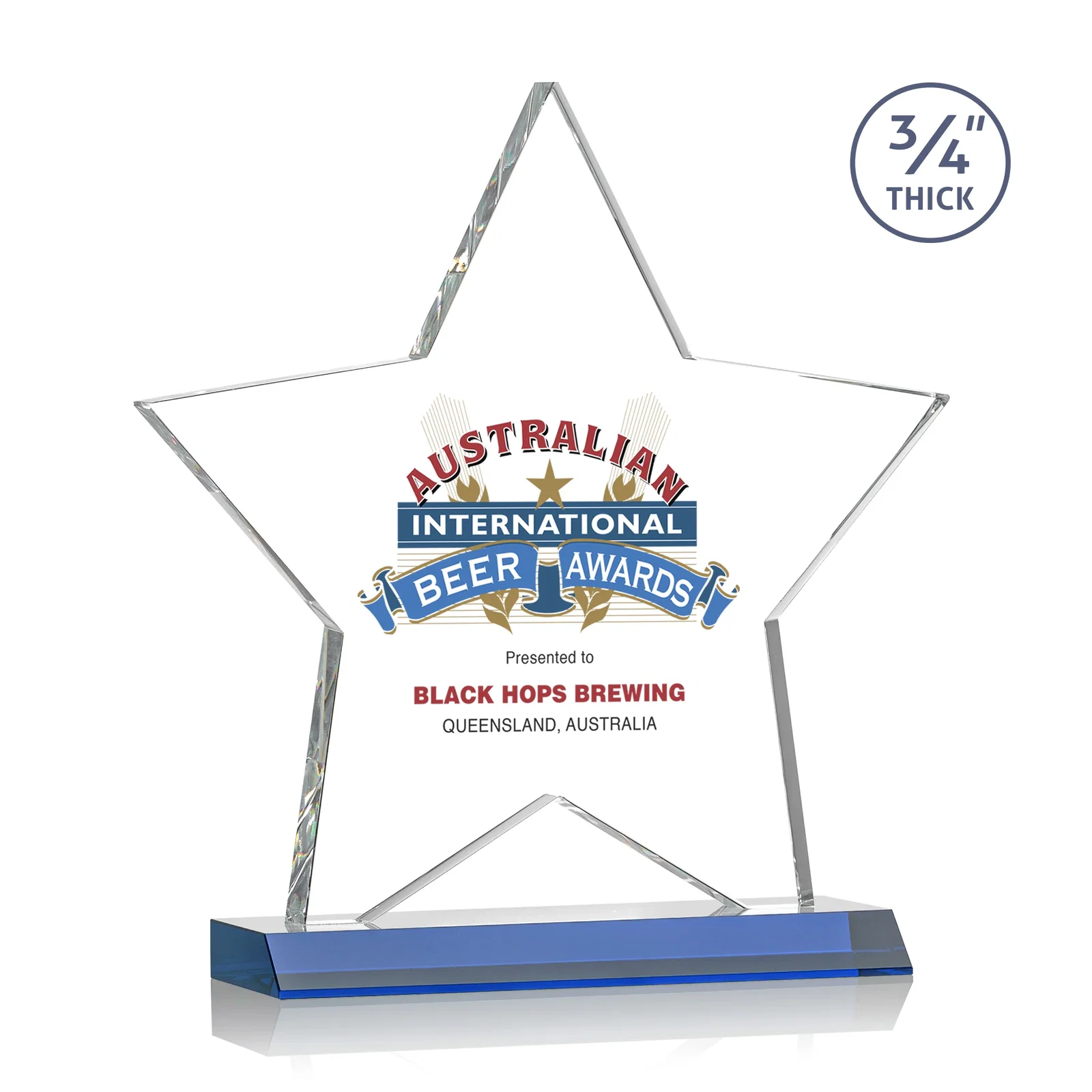 Custom printed Optical Crystal Star Award on Clear-Front Mitered Base for sales achievement awards