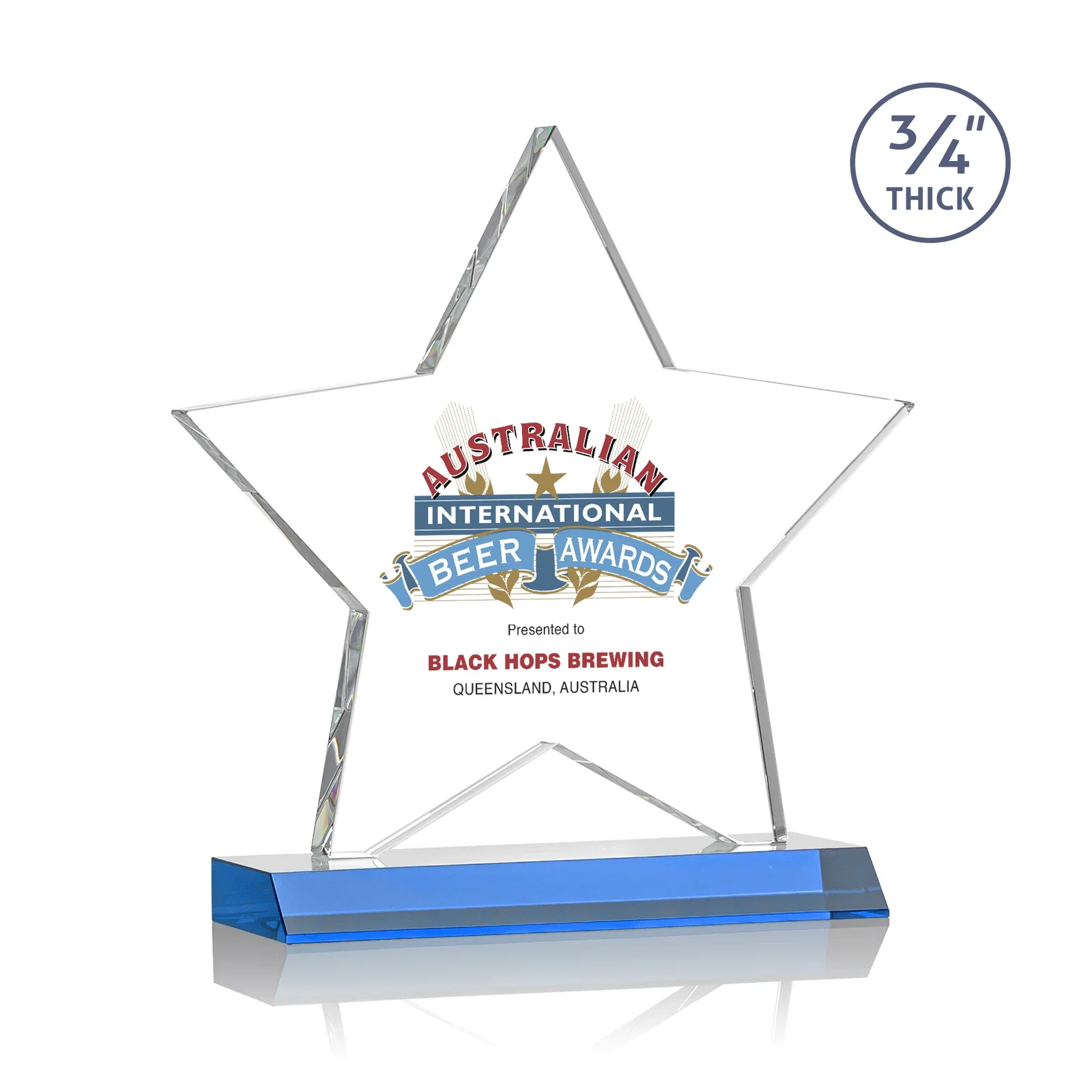 Custom printed Optical Crystal Star Award on Clear-Front Mitered Base for dealer and partner awards