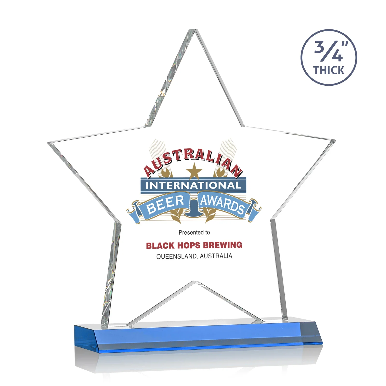 Custom printed Optical Crystal Star Award on Clear-Front Mitered Base for company anniversary events