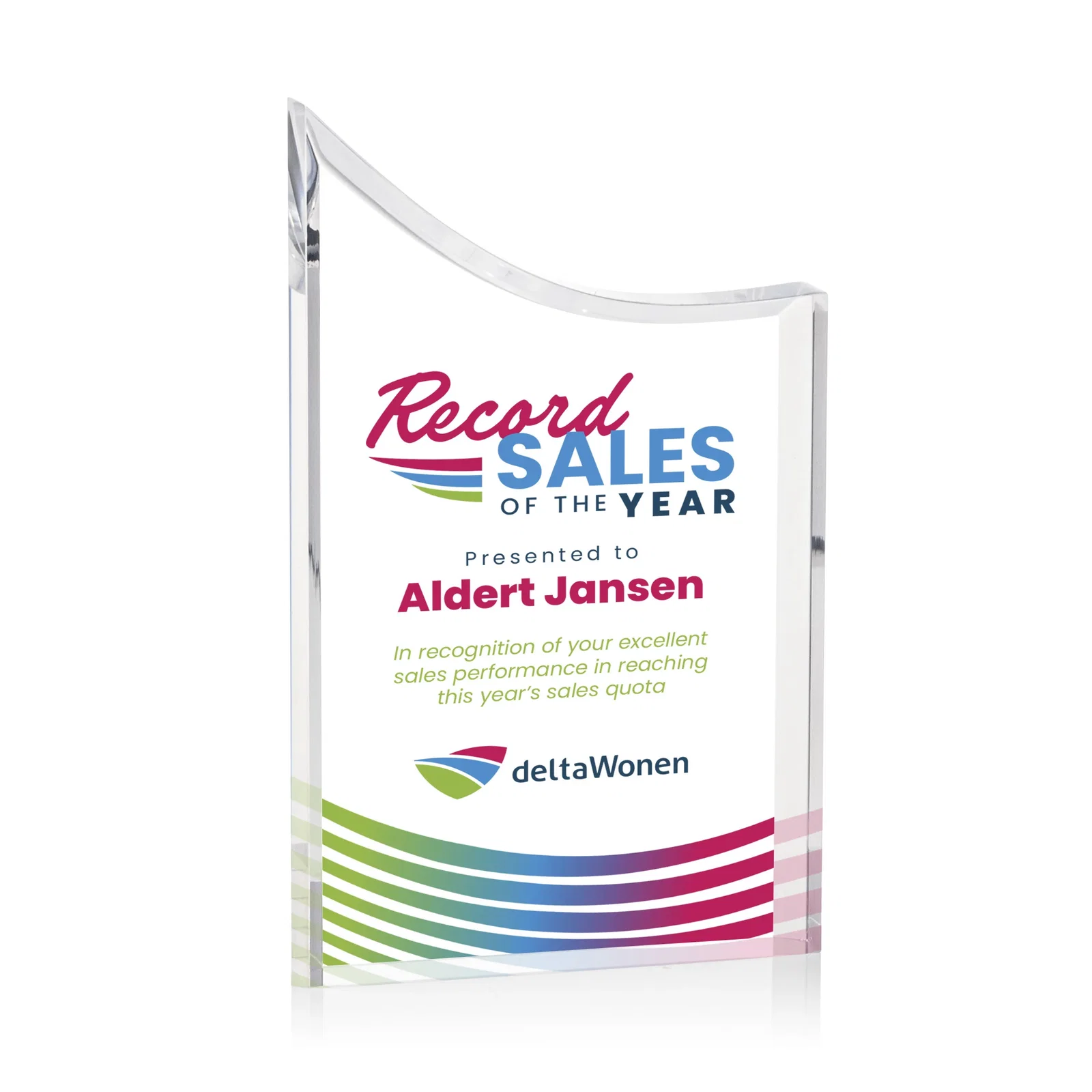 Personalized Curved Acrylic Award with Black Background Panel for corporate award ceremonies