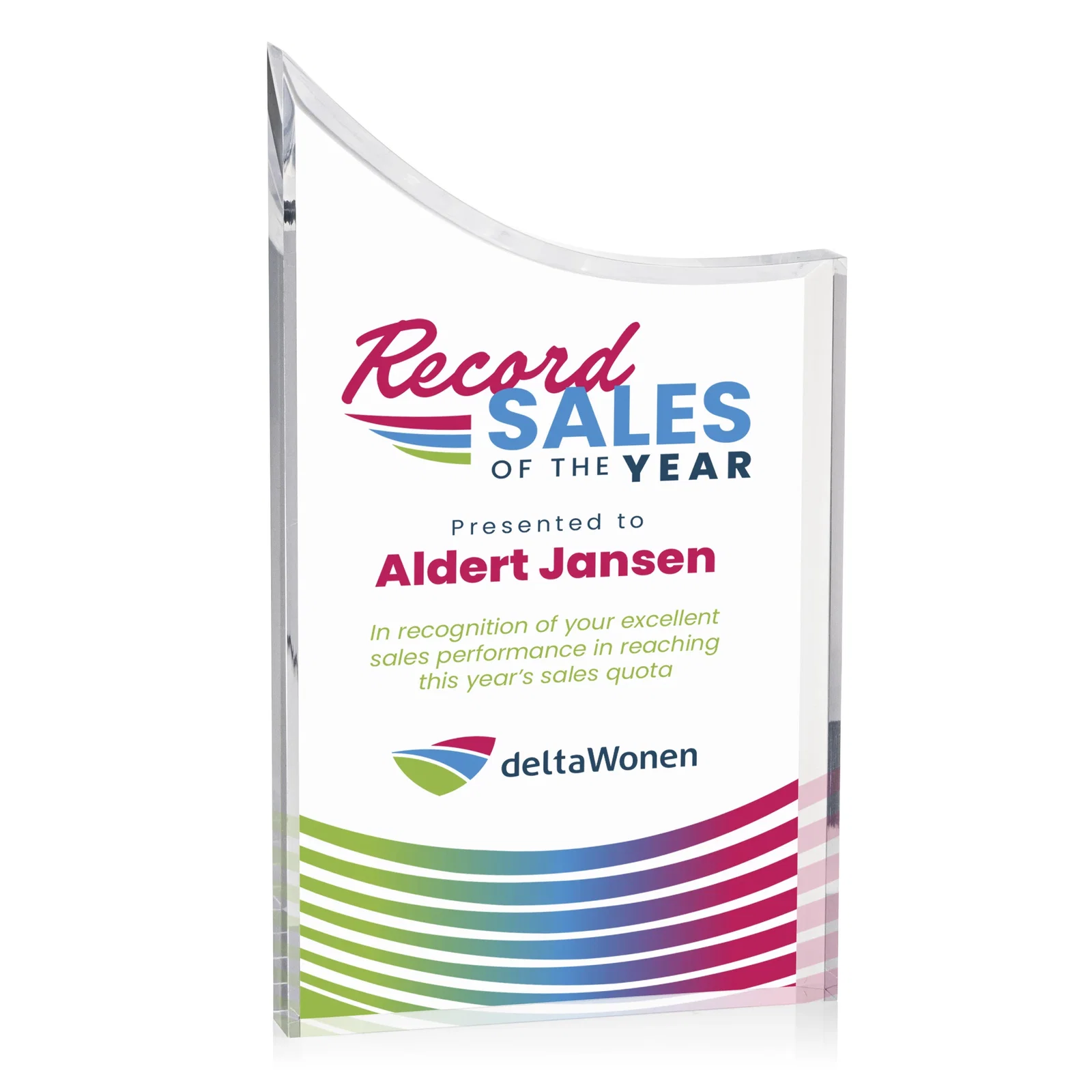 Personalized Curved Acrylic Award with Black Background Panel for sales achievement awards