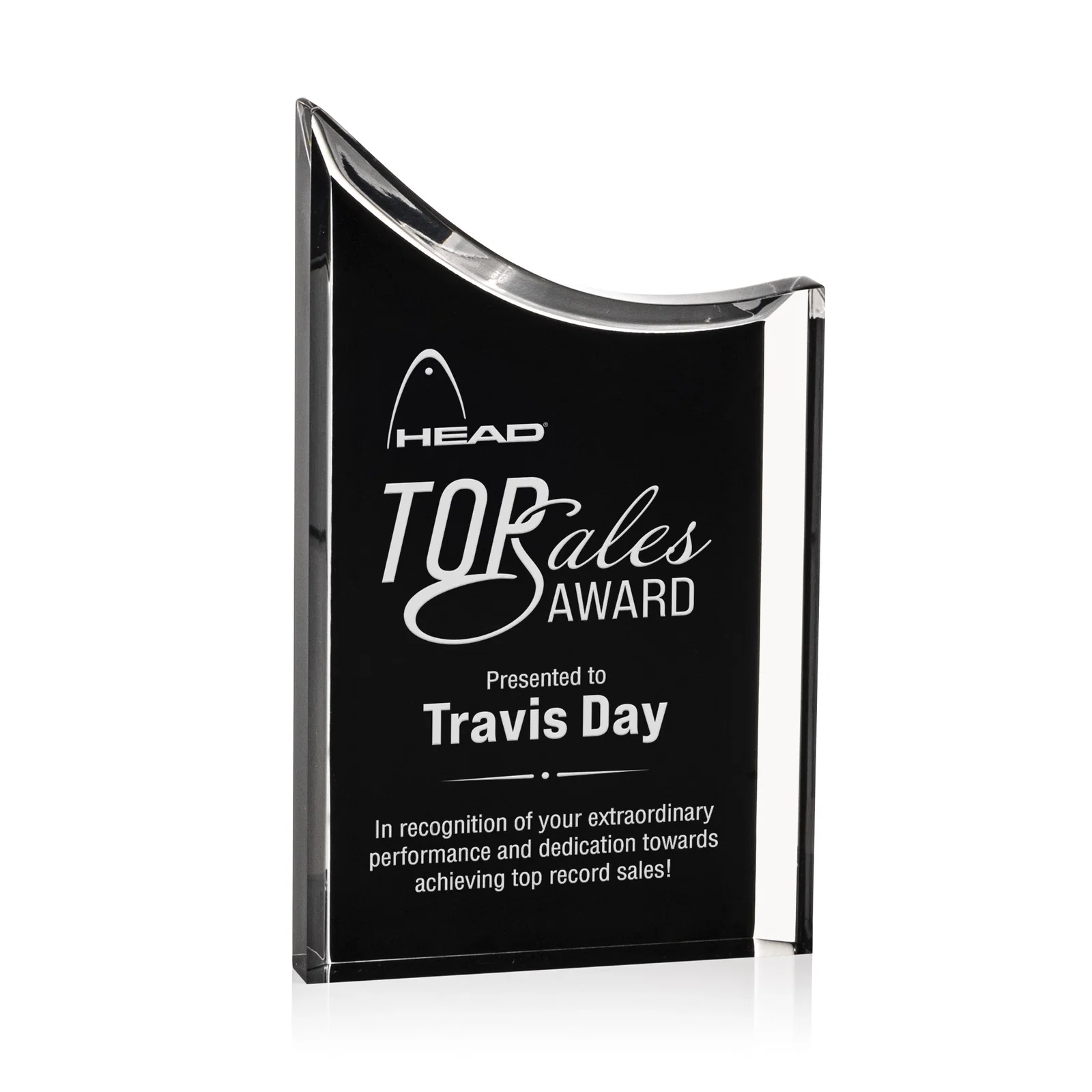 Custom Curved Acrylic Award with Black Background Panel for corporate award ceremonies