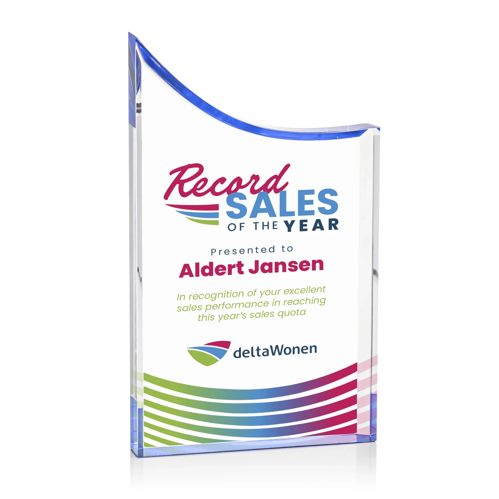 Personalized Curved Acrylic Award with Black Background Panel for dealer and partner awards